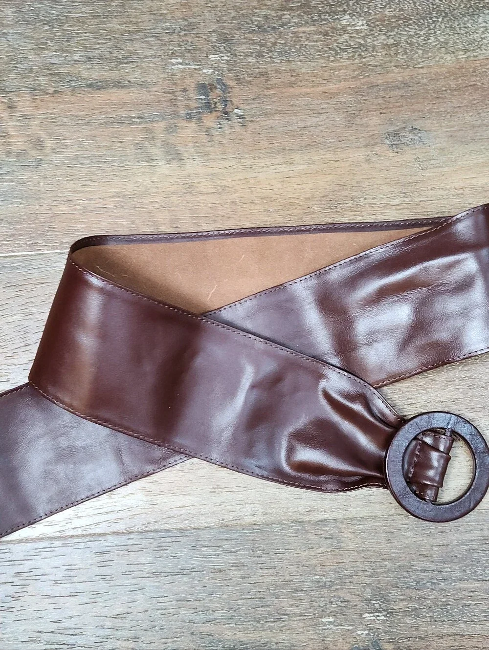 Chic Wide Brown Faux Leather Obi Belt with O-Ring Buckle – One Size